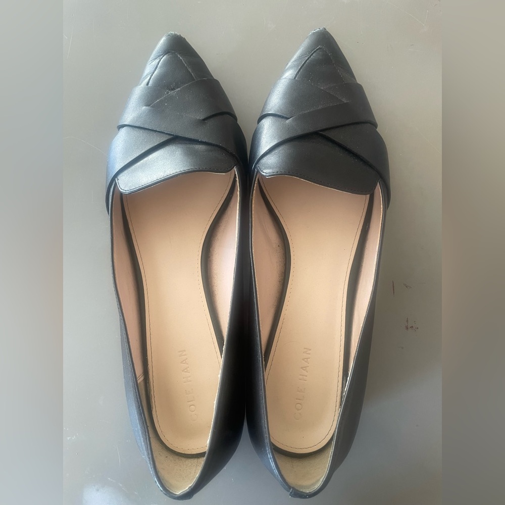 Cole Haan Women's  8.5 Camila Skimmer Black Leather Pointed Toe Weave Loafer